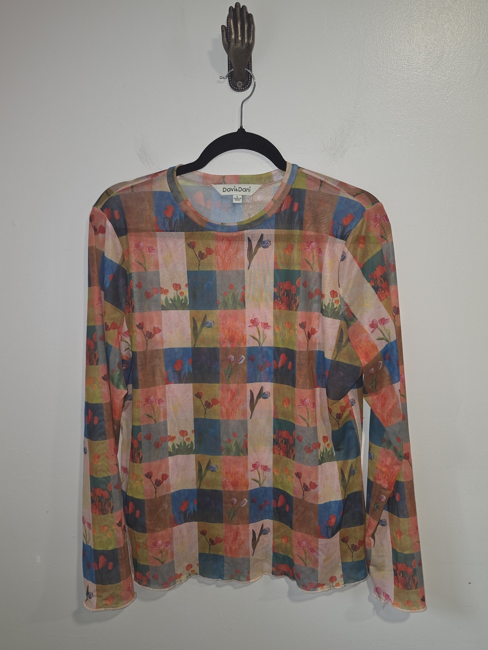 DAVI & DANI Multicolor Floral Check Long Sleeve Sheer Top Women's Size Large